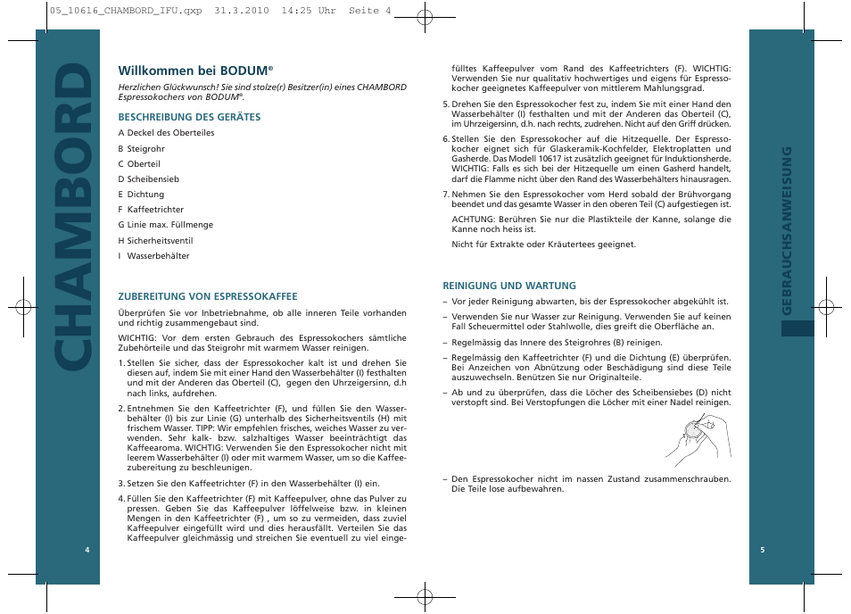 Chambord, Gebrauchsanweisung willkommen bei bodum | Bodum 10616 User Manual | Page 4 / 11