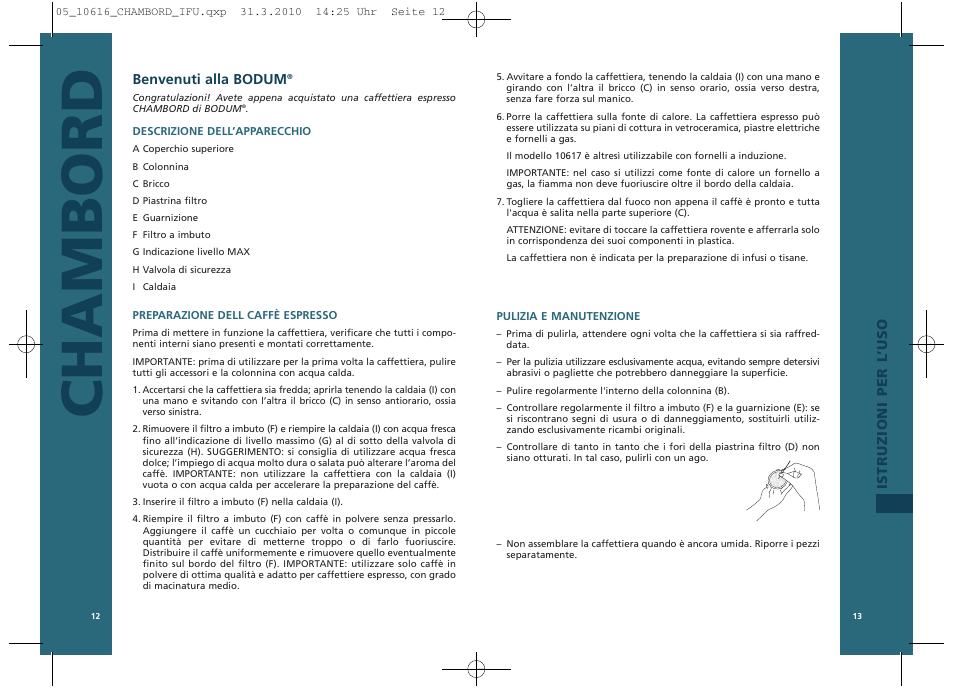 Chambord, Istruzioni per l ’uso benvenuti alla bodum | Bodum 10616 User Manual | Page 8 / 11