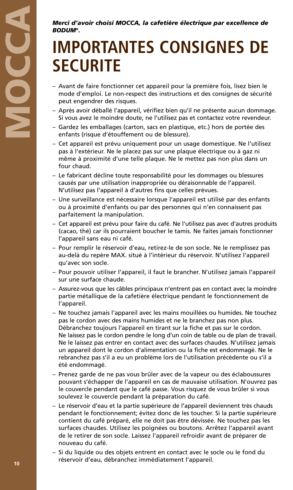 Mocca, Importantes consignes de securite | Bodum MOCCA 1176 USA User Manual | Page 10 / 16