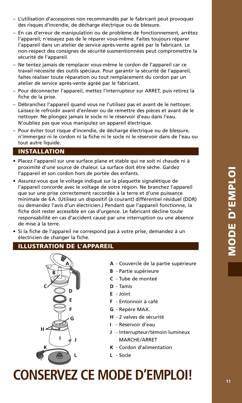 Conservez ce mode d’emploi, Mode d’emploi, Installation | Illustration de l’appareil | Bodum MOCCA 1176 USA User Manual | Page 11 / 16