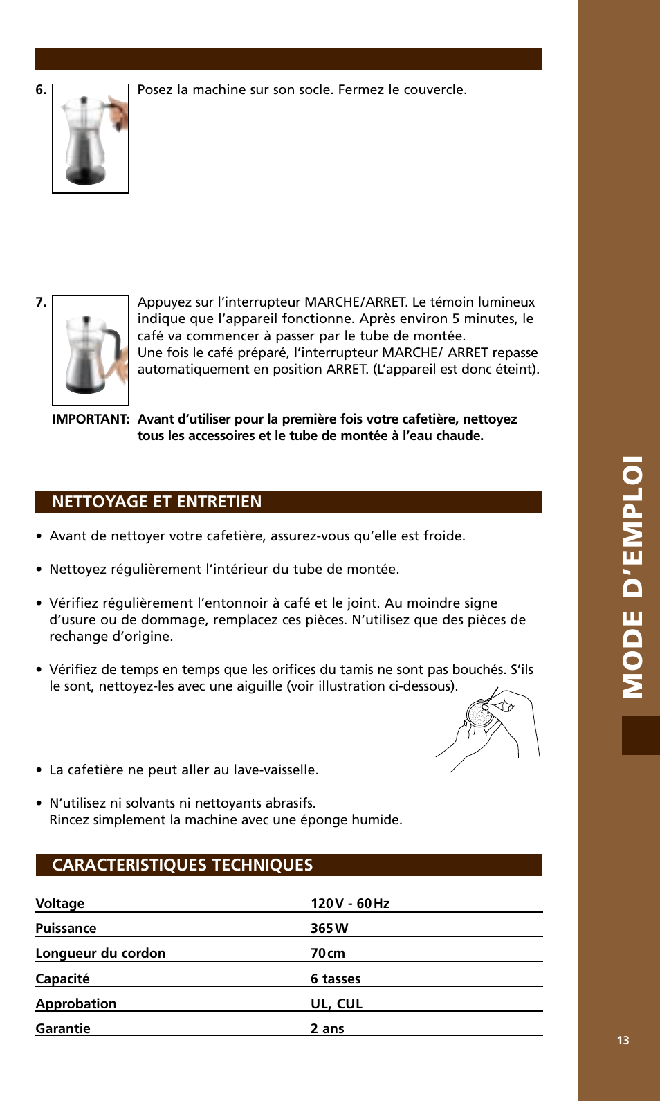 Mode d’emploi, Caracteristiques techniques, Nettoyage et entretien | Bodum MOCCA 1176 USA User Manual | Page 13 / 16