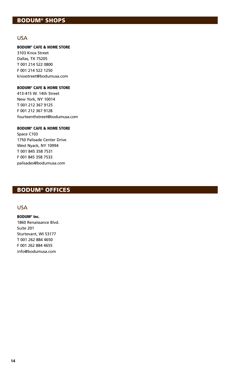 Bodum, Shops bodum, Offices | Bodum MOCCA 1176 USA User Manual | Page 14 / 16