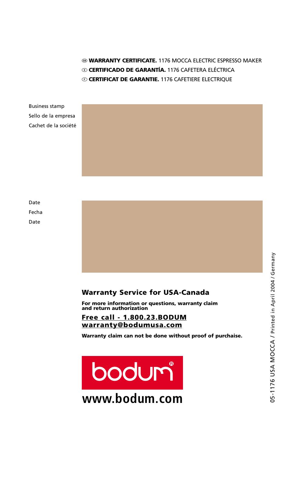 Warranty service for usa-canada | Bodum MOCCA 1176 USA User Manual | Page 16 / 16