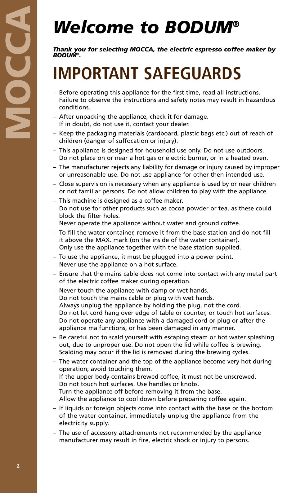 Mocca, Welcome to bodum, Important safeguards | Bodum MOCCA 1176 USA User Manual | Page 2 / 16