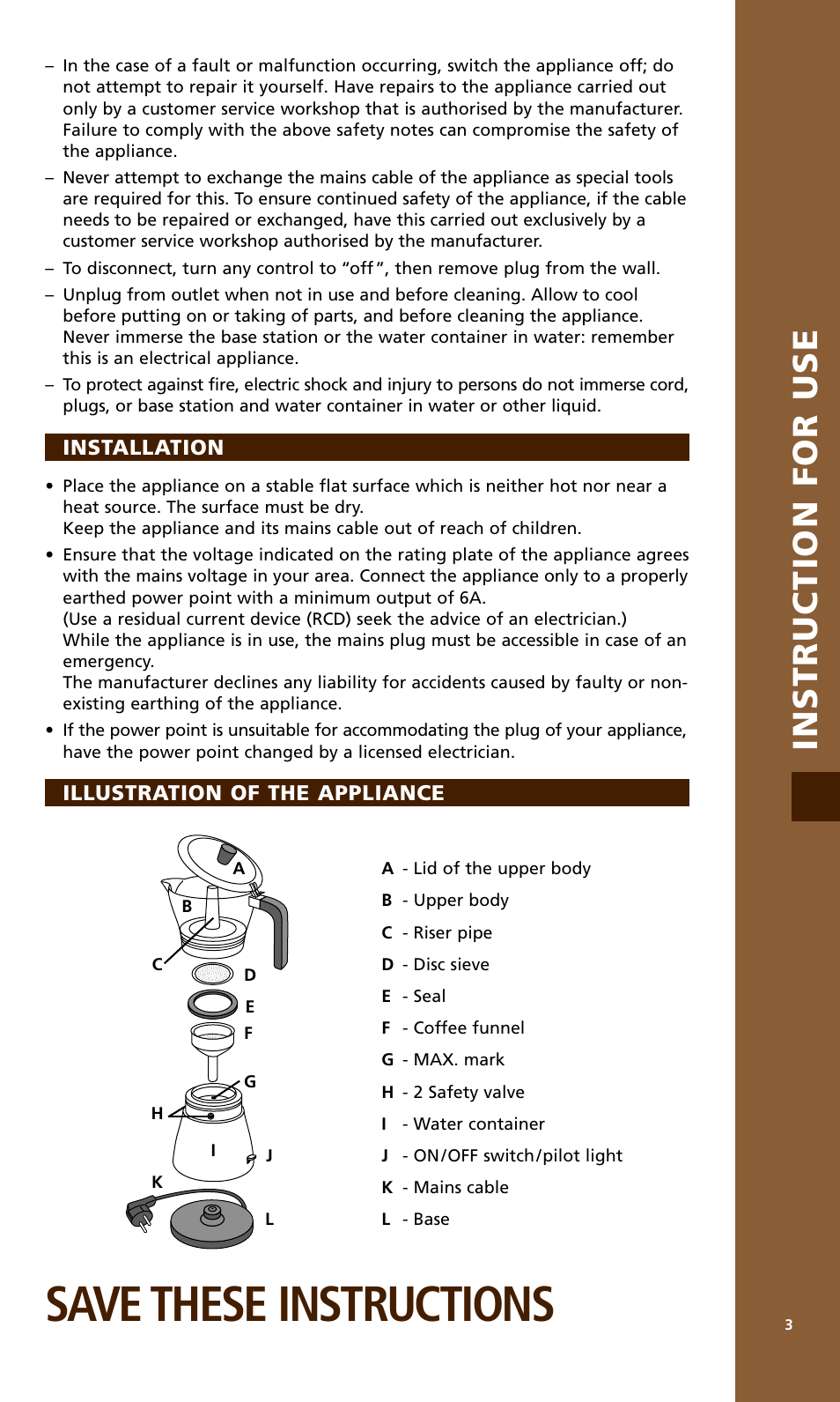 Save these instructions, Instruction for use, Installation | Illustration of the appliance | Bodum MOCCA 1176 USA User Manual | Page 3 / 16