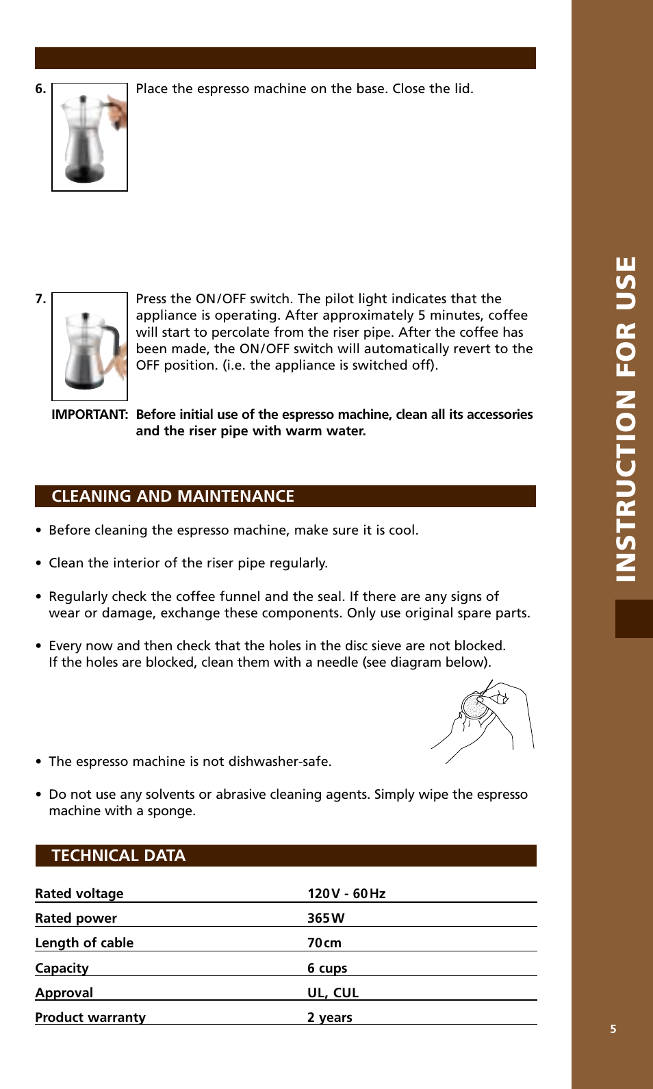 Instruction for use, Technical data, Cleaning and maintenance | Bodum MOCCA 1176 USA User Manual | Page 5 / 16