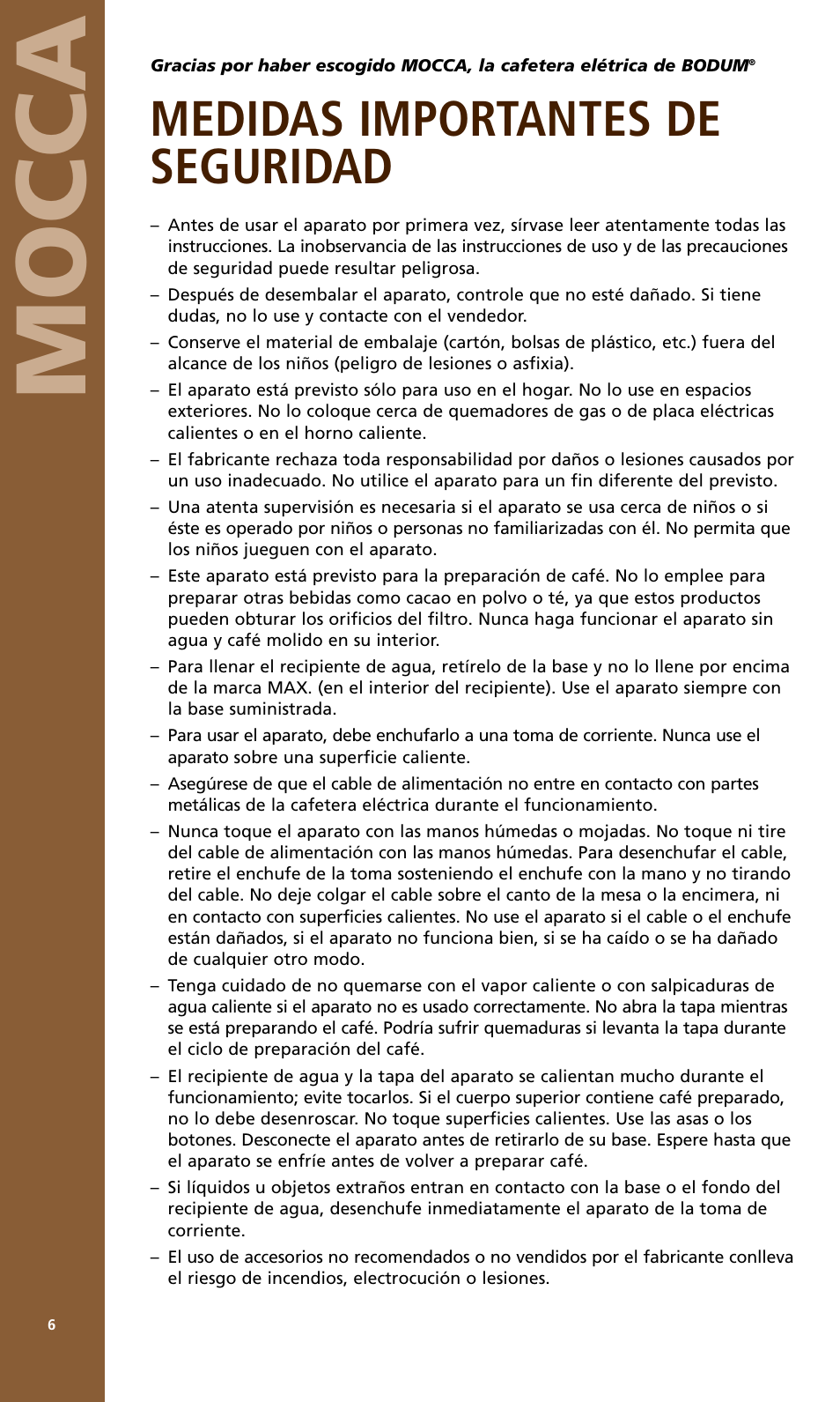 Mocca, Medidas importantes de seguridad | Bodum MOCCA 1176 USA User Manual | Page 6 / 16