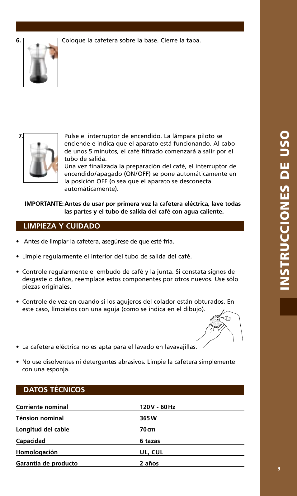 Instrucciones de uso, Datos técnicos, Limpieza y cuidado | Bodum MOCCA 1176 USA User Manual | Page 9 / 16