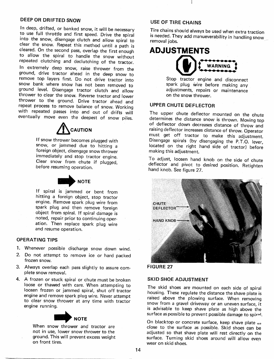 Deep or drifted snow, Operating tips, Note | Use of tire chains, Adjustments, Warning t, Upper chute deflector, Skid shoe adjustment | Bolens 19967-1 User Manual | Page 14 / 22