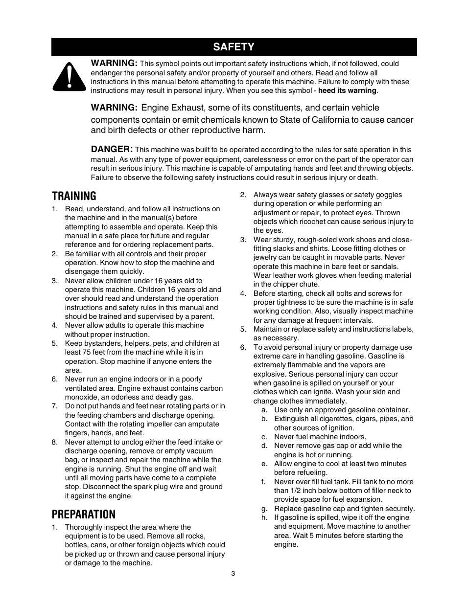 Training, Preparation, Safety | Craftsman 247.770550 User Manual | Page 3 / 21