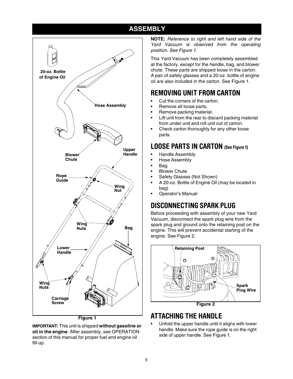 Removing unit from carton, Loose parts in carton, Disconnecting spark plug | Attaching the handle, Assembly | Craftsman 247.770550 User Manual | Page 5 / 21