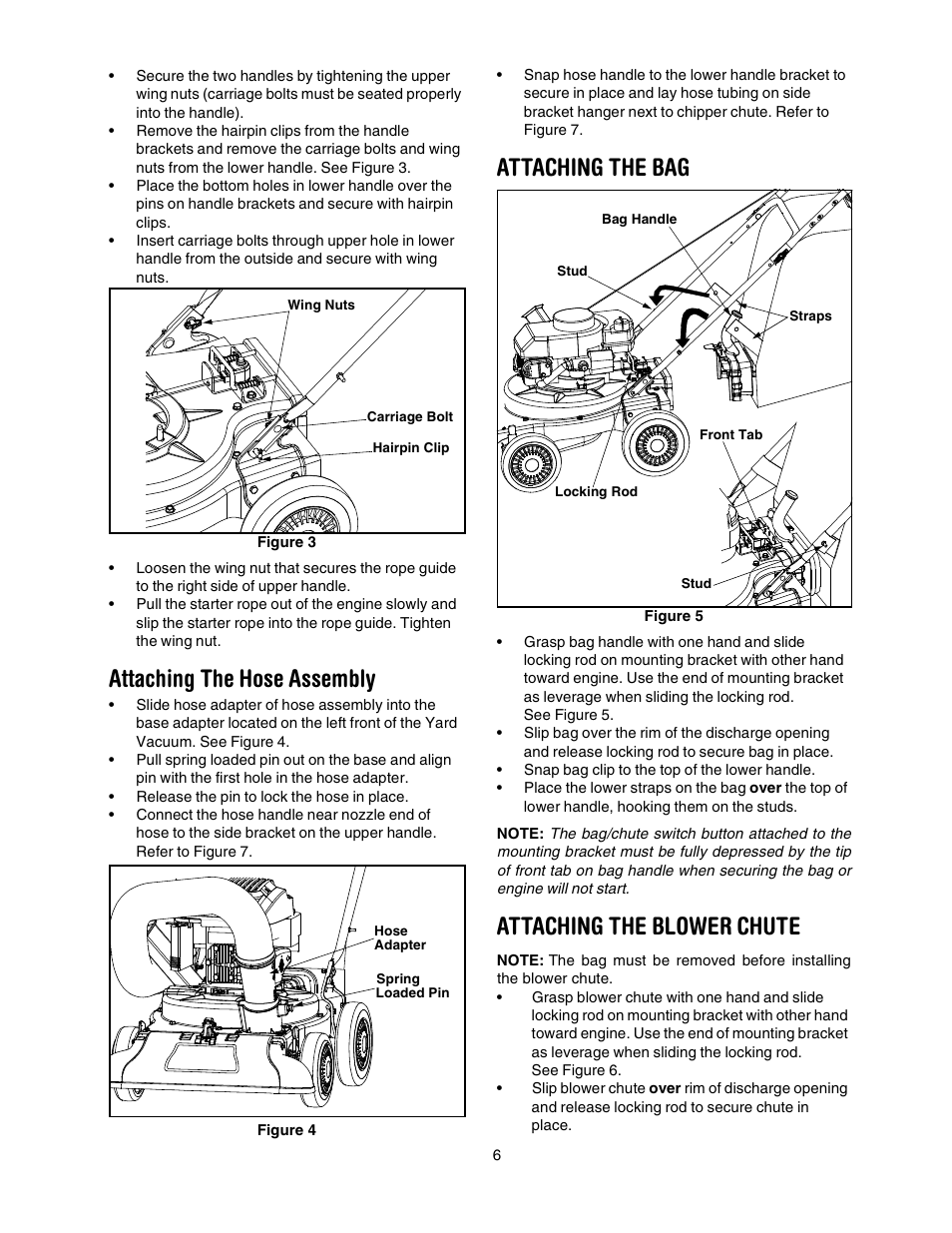 Attaching the hose assembly, Attaching the bag, Attaching the blower chute | Craftsman 247.770550 User Manual | Page 6 / 21