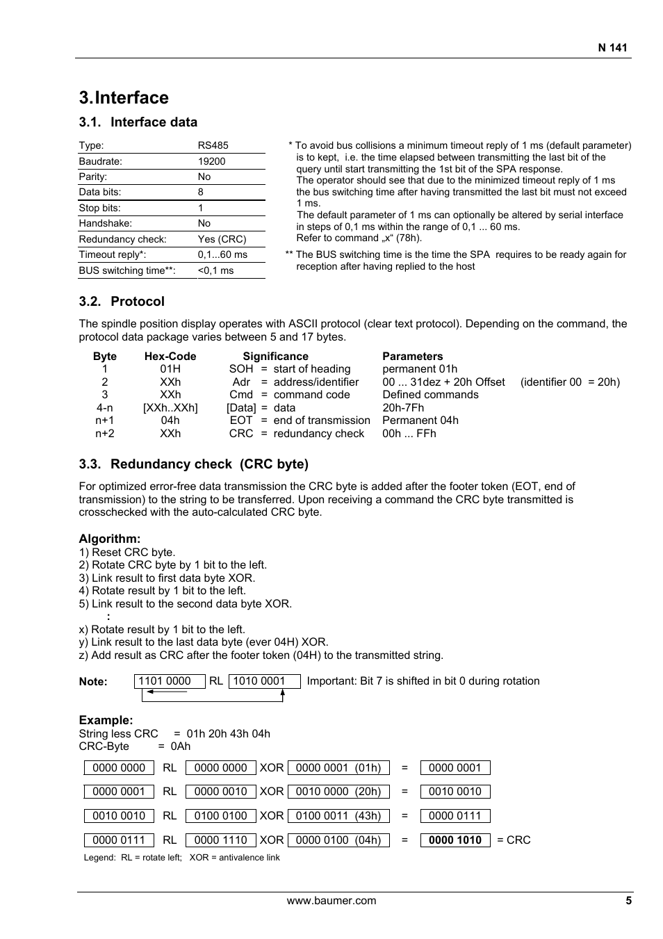 Interface, Interface data, Protocol | Redundancy check (crc byte) | Baumer N 141 User Manual | Page 5 / 22