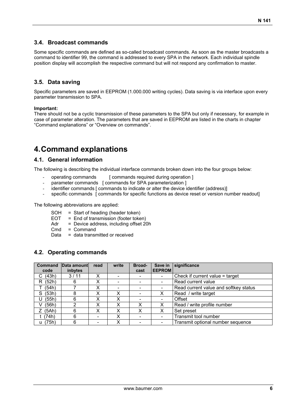 Command explanations, Broadcast commands, Data saving | General information, Operating commands | Baumer N 141 User Manual | Page 6 / 22