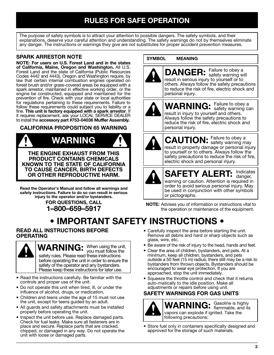 Warning, Important safety instructions, Danger | Caution, Safety alert, Rules for safe operation | Craftsman 316.292711 User Manual | Page 3 / 48