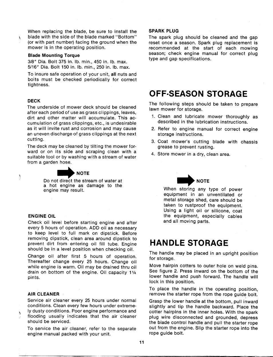 Off-season storage, Handle storage | Bolens 115-500-000 User Manual | Page 11 / 16