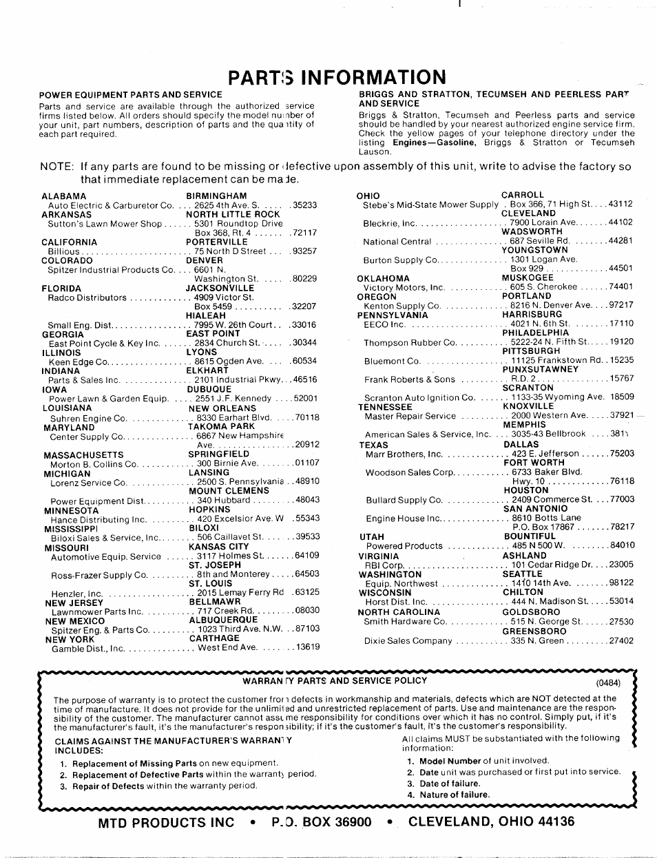 Parts information | Bolens 115-500-000 User Manual | Page 16 / 16