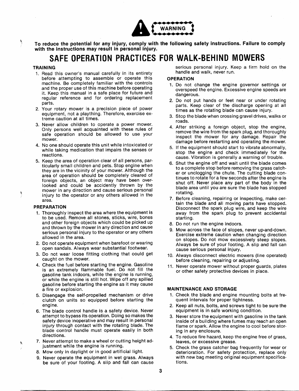 Ac warning, Safe operation practices for walk-behind mowers, Training | Preparation, Operation, Maintenance and storage | Bolens 115-500-000 User Manual | Page 3 / 16