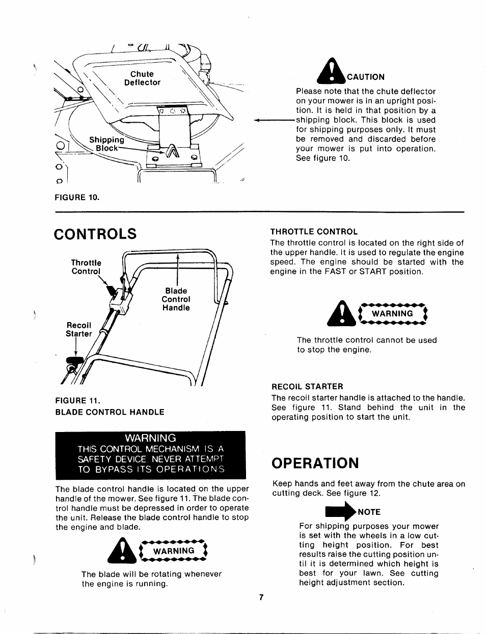 Caution, Controls, Throttle control | Recoil starter, Operation, Note, Warning | Bolens 115-500-000 User Manual | Page 7 / 16