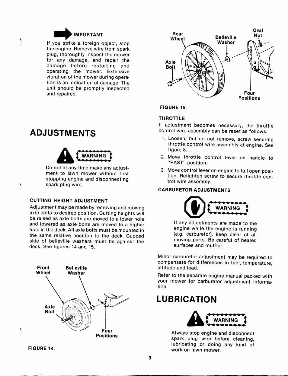 Important, Adjustments, Cutting height adjustment | Throttle, Carburetor adjustments, Warning i, Lubrication | Bolens 115-500-000 User Manual | Page 9 / 16