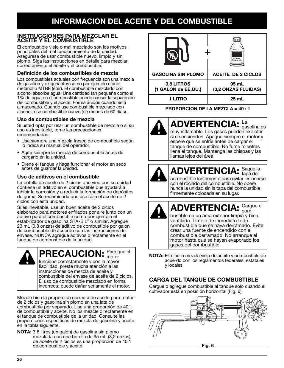 Precaucion, Advertencia, Informacion del aceite y del combustible | Craftsman 316.292620 User Manual | Page 26 / 40