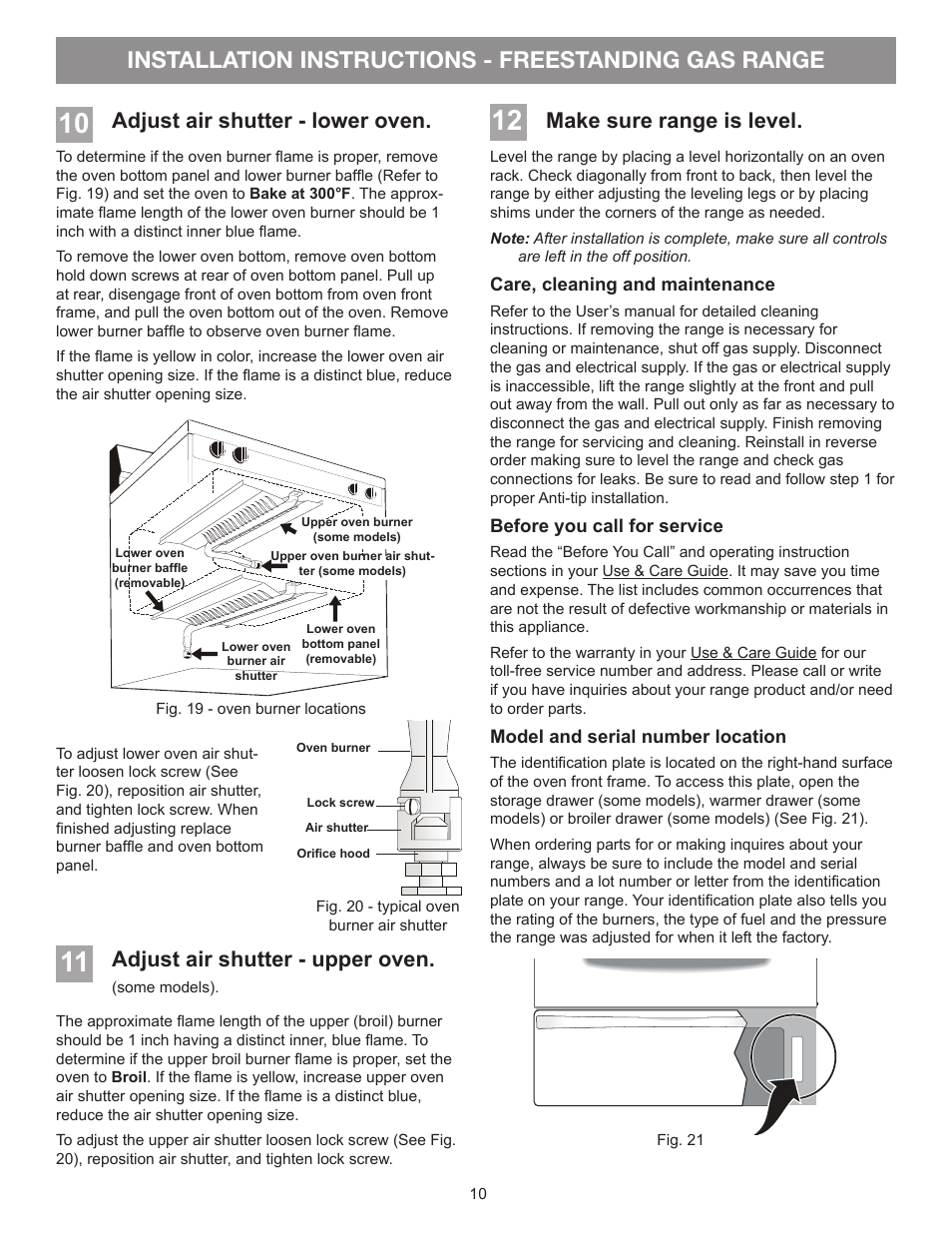Installation instructions - freestanding gas range, Make sure range is level, Adjust air shutter - lower oven | Adjust air shutter - upper oven | FRIGIDAIRE FFGF3053LS User Manual | Page 10 / 32