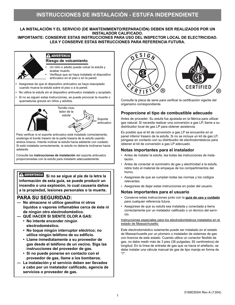 Para su seguridad | FRIGIDAIRE FFGF3053LS User Manual | Page 12 / 32