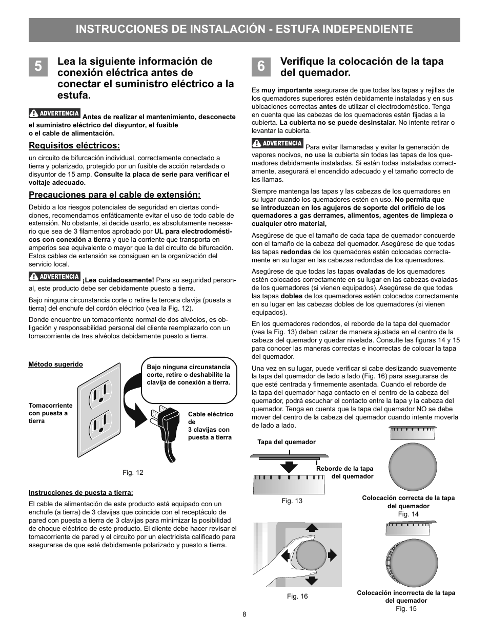 Verifi que la colocación de la tapa del quemador | FRIGIDAIRE FFGF3053LS User Manual | Page 19 / 32