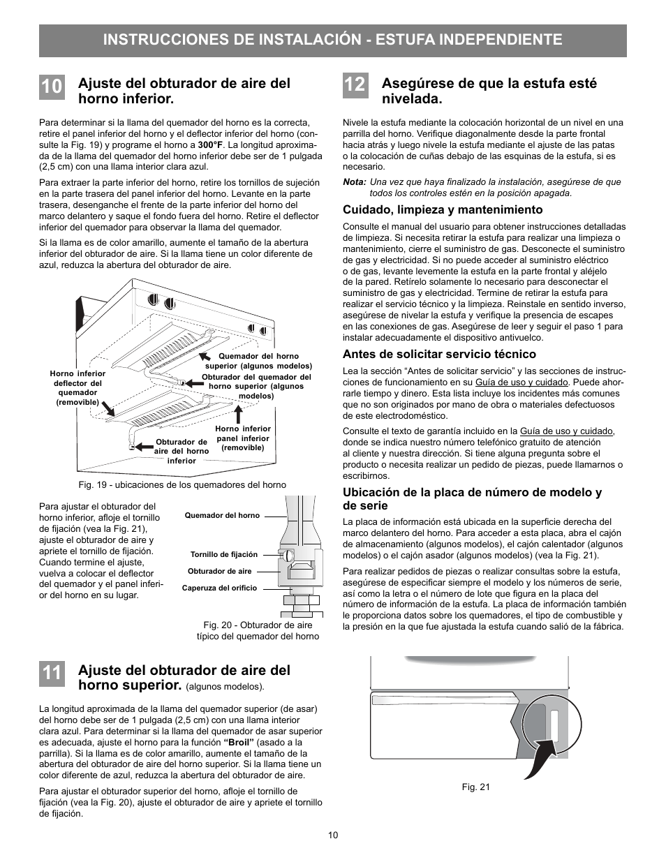 Asegúrese de que la estufa esté nivelada, Ajuste del obturador de aire del horno inferior, Ajuste del obturador de aire del horno superior | FRIGIDAIRE FFGF3053LS User Manual | Page 21 / 32