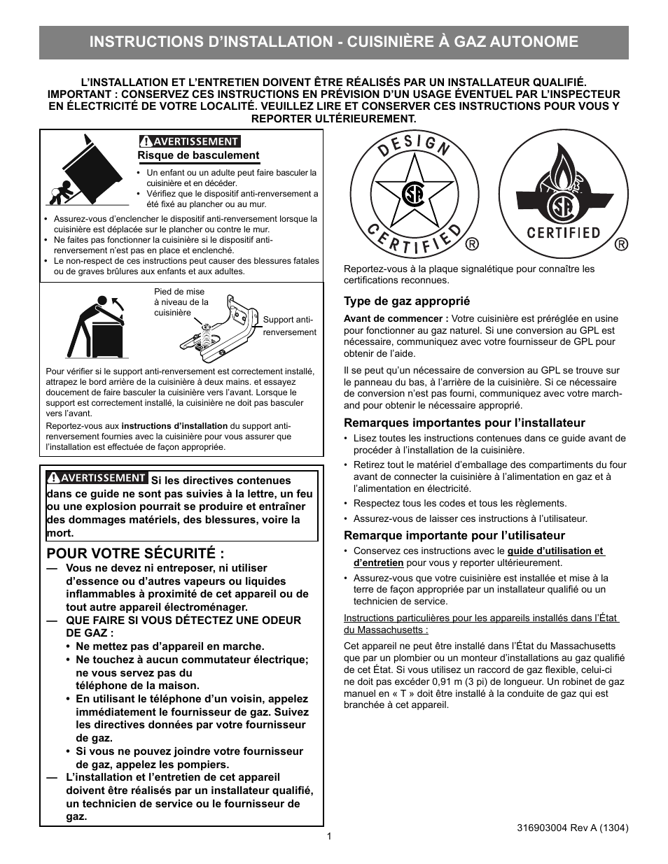 Pour votre sécurité | FRIGIDAIRE FFGF3053LS User Manual | Page 23 / 32