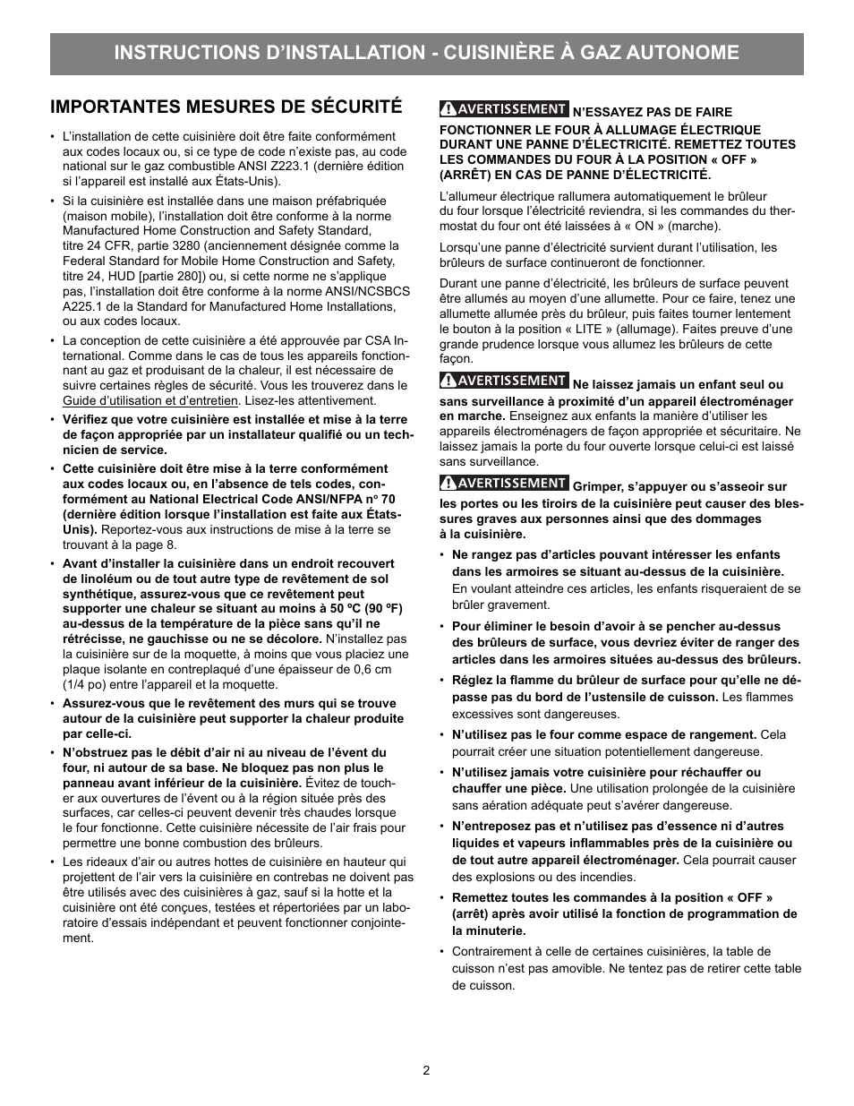 Importantes mesures de sécurité | FRIGIDAIRE FFGF3053LS User Manual | Page 24 / 32