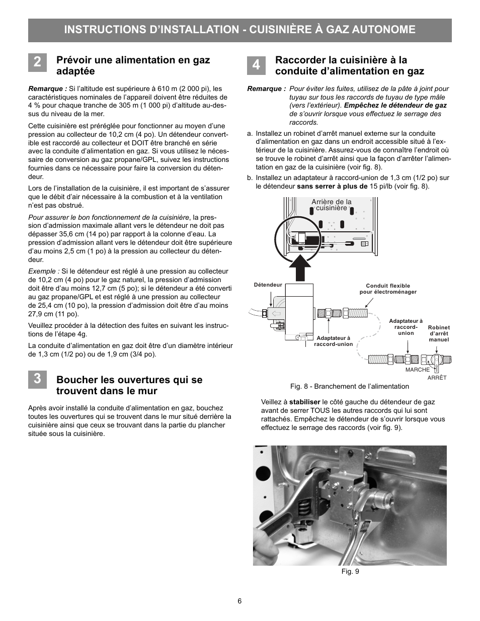 Prévoir une alimentation en gaz adaptée, Boucher les ouvertures qui se trouvent dans le mur | FRIGIDAIRE FFGF3053LS User Manual | Page 28 / 32