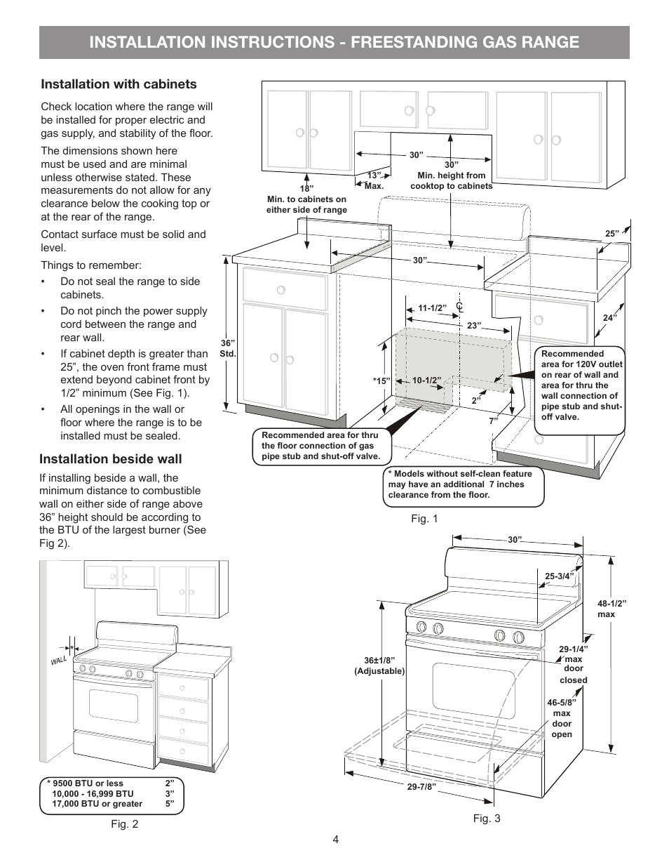 Installation instructions - freestanding gas range, Installation with cabinets, Installation beside wall | FRIGIDAIRE FFGF3053LS User Manual | Page 4 / 32