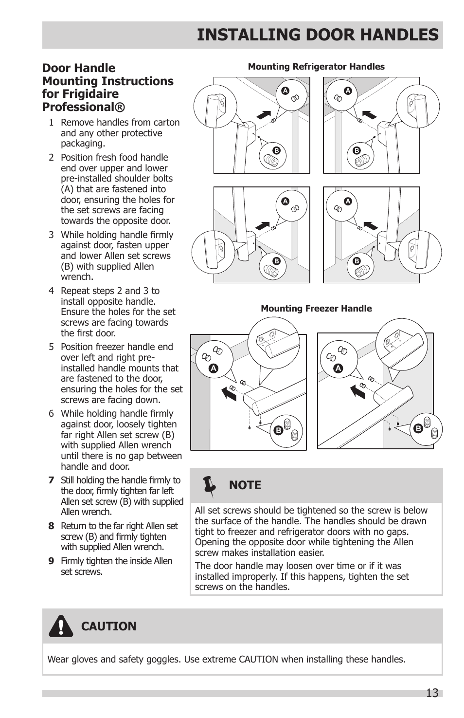 Installing door handles, Caution | FRIGIDAIRE FGHN2866PP User Manual | Page 13 / 32