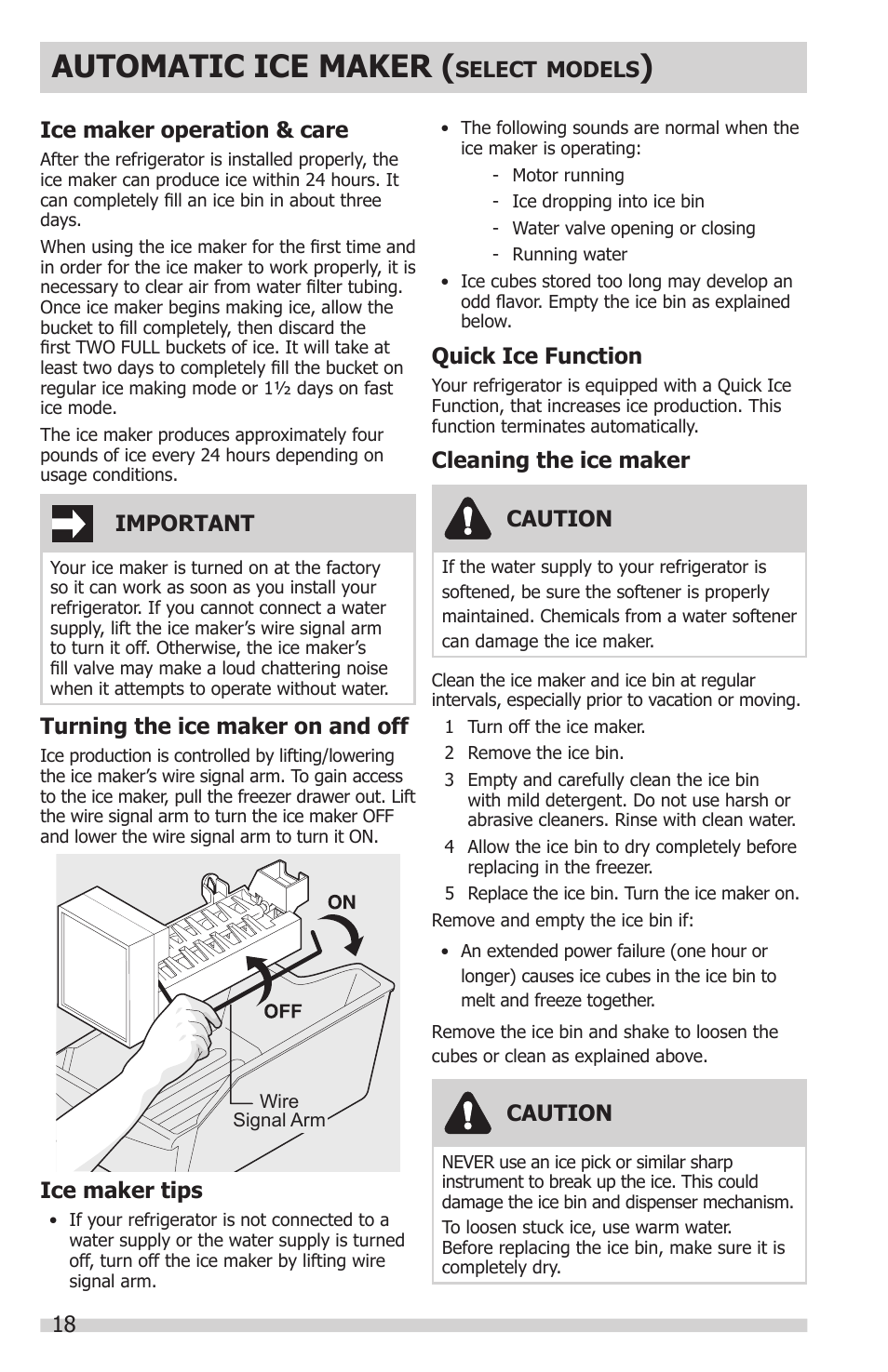 Automatic ice maker, 18 important, Caution | Ice maker operation & care, Turning the ice maker on and off, Ice maker tips, Quick ice function, Cleaning the ice maker | FRIGIDAIRE FGHN2866PP User Manual | Page 18 / 32
