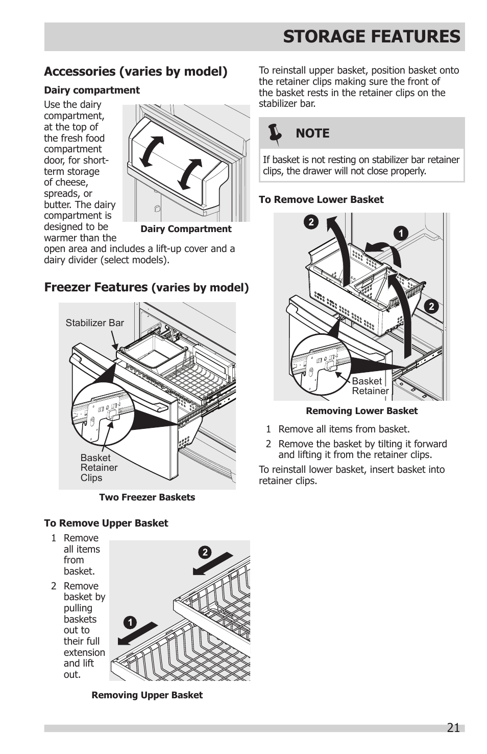 Storage features, 21 accessories (varies by model), Freezer features | FRIGIDAIRE FGHN2866PP User Manual | Page 21 / 32