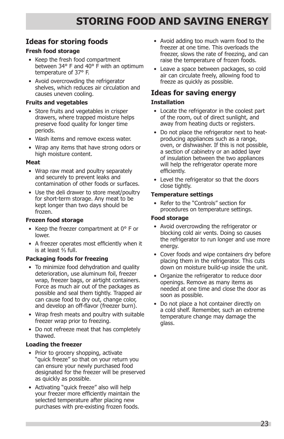 Storing food and saving energy, Ideas for storing foods, Ideas for saving energy | FRIGIDAIRE FGHN2866PP User Manual | Page 23 / 32