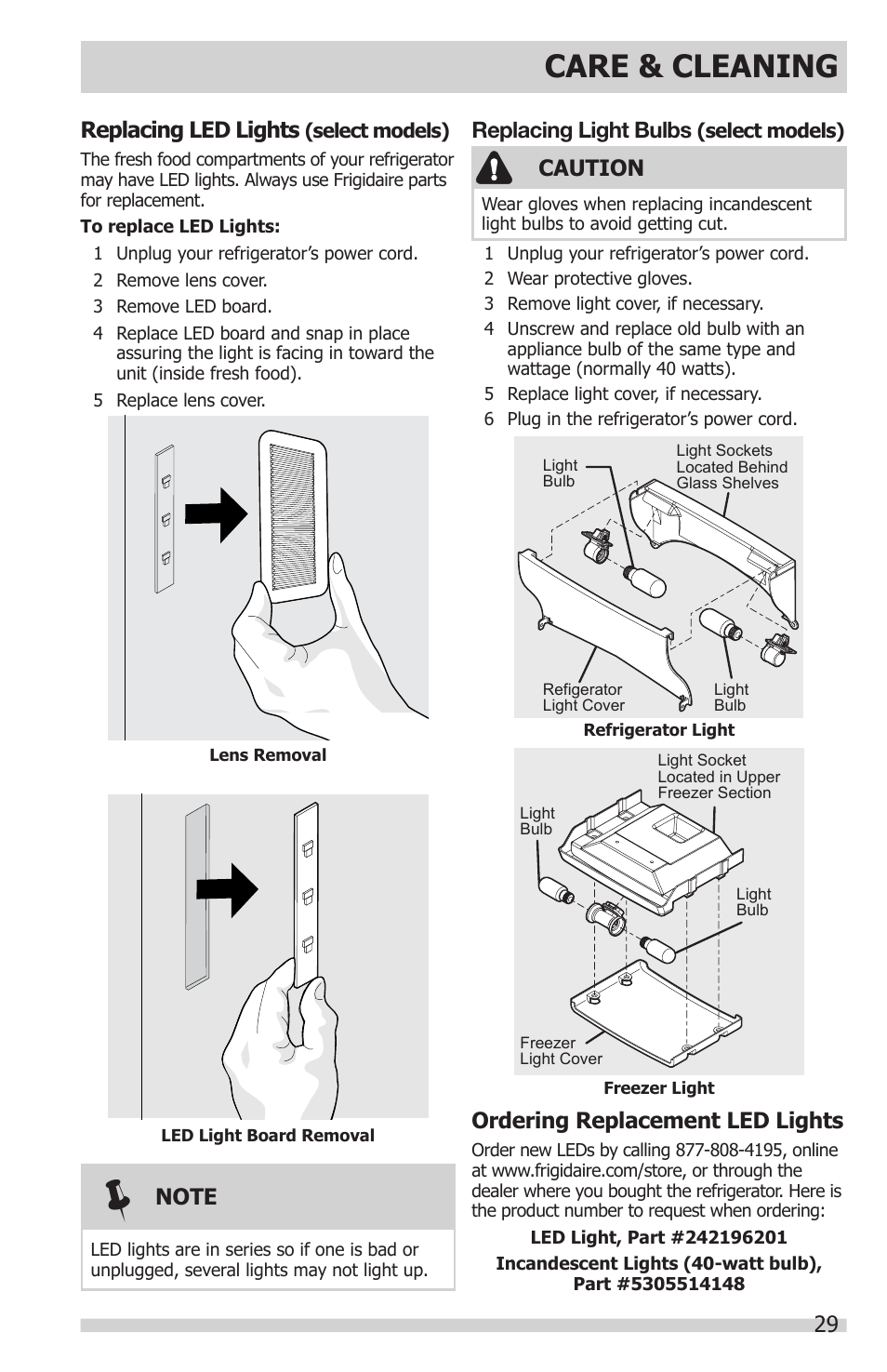 Care & cleaning, Replacing led lights, Caution | Ordering replacement led lights, Replacing light bulbs | FRIGIDAIRE FGHN2866PP User Manual | Page 29 / 32