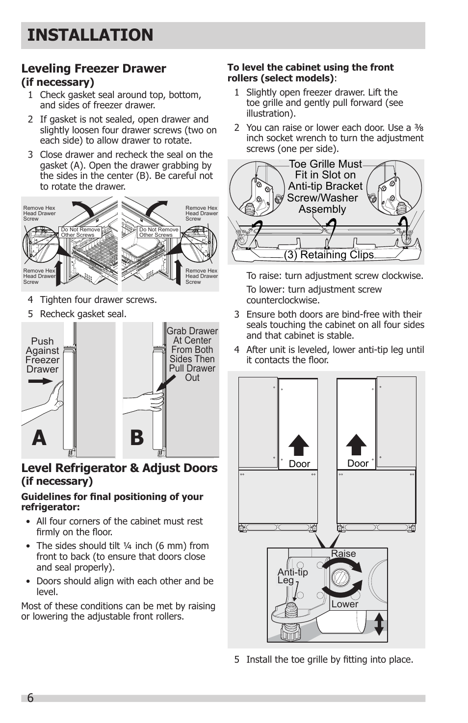 Installation, Leveling freezer drawer, Level refrigerator & adjust doors | FRIGIDAIRE FGHN2866PP User Manual | Page 6 / 32