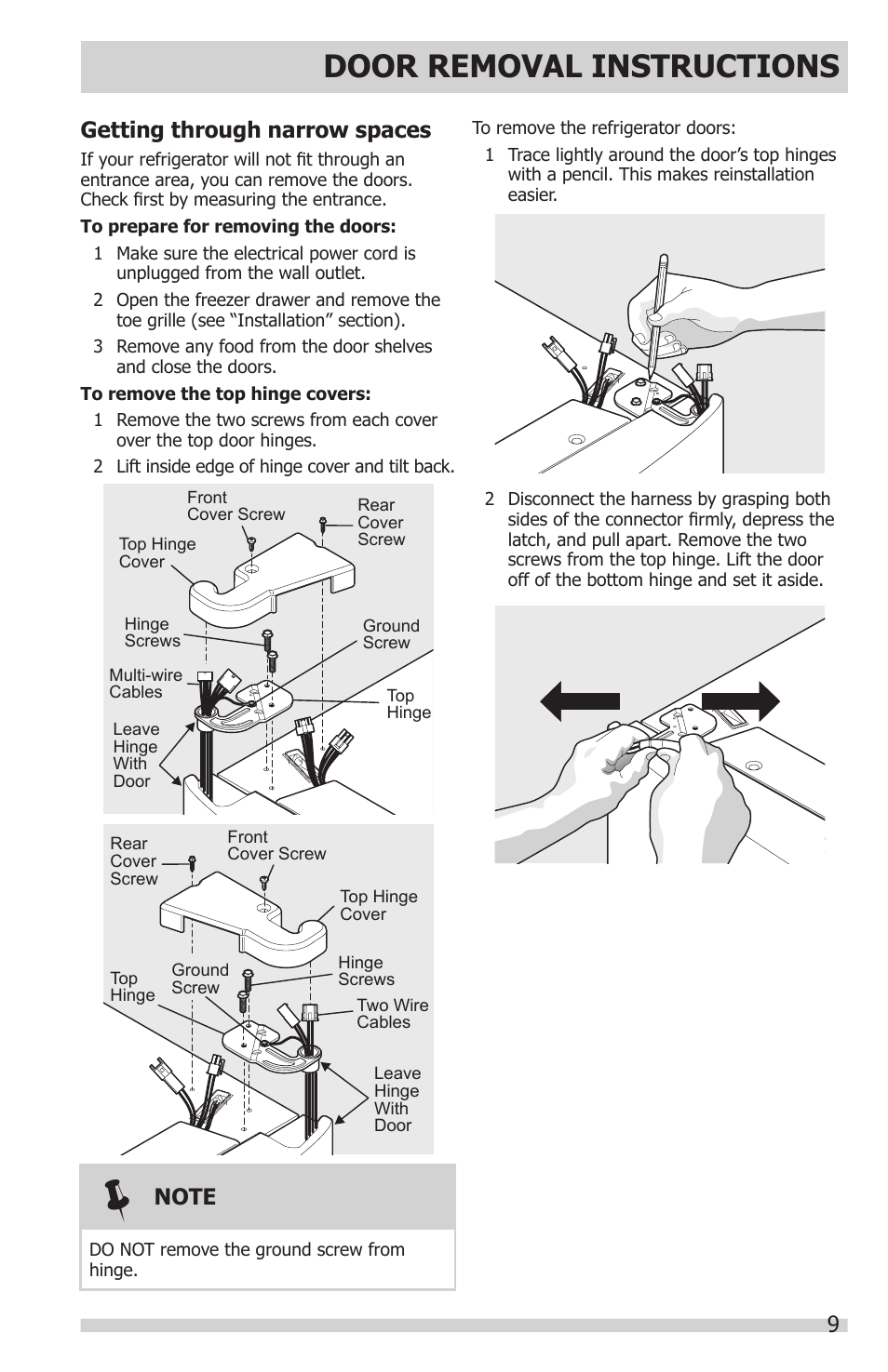 Door removal instructions, Getting through narrow spaces | FRIGIDAIRE FGHN2866PP User Manual | Page 9 / 32