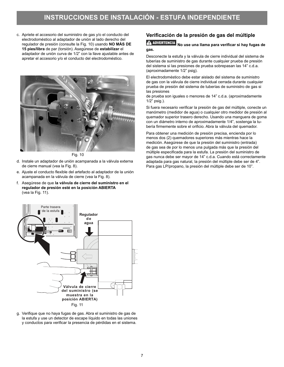 Verifi cación de la presión de gas del múltiple | FRIGIDAIRE FFGF3021ZW User Manual | Page 17 / 20