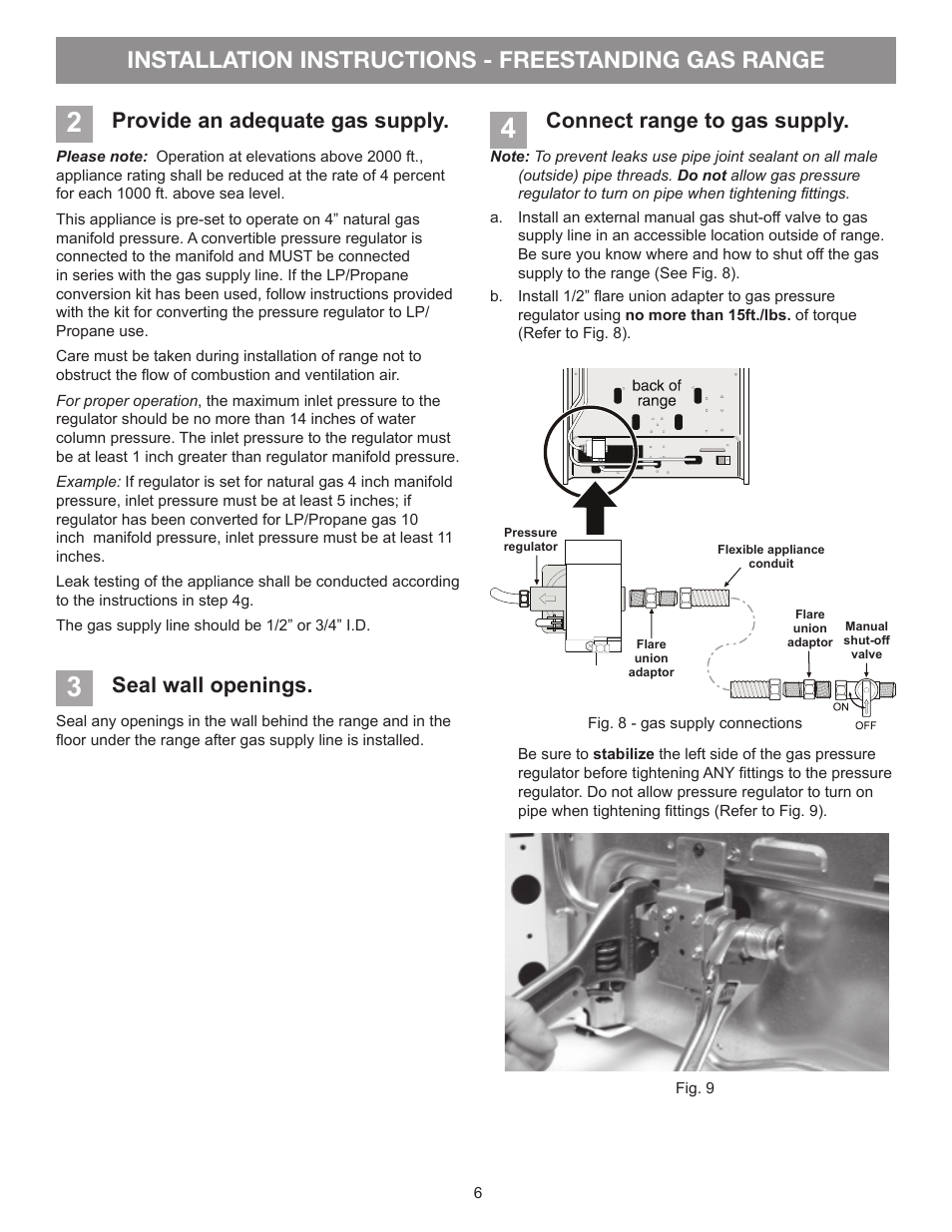 Installation instructions - freestanding gas range, Connect range to gas supply, Provide an adequate gas supply | Seal wall openings | FRIGIDAIRE FFGF3021ZW User Manual | Page 6 / 20