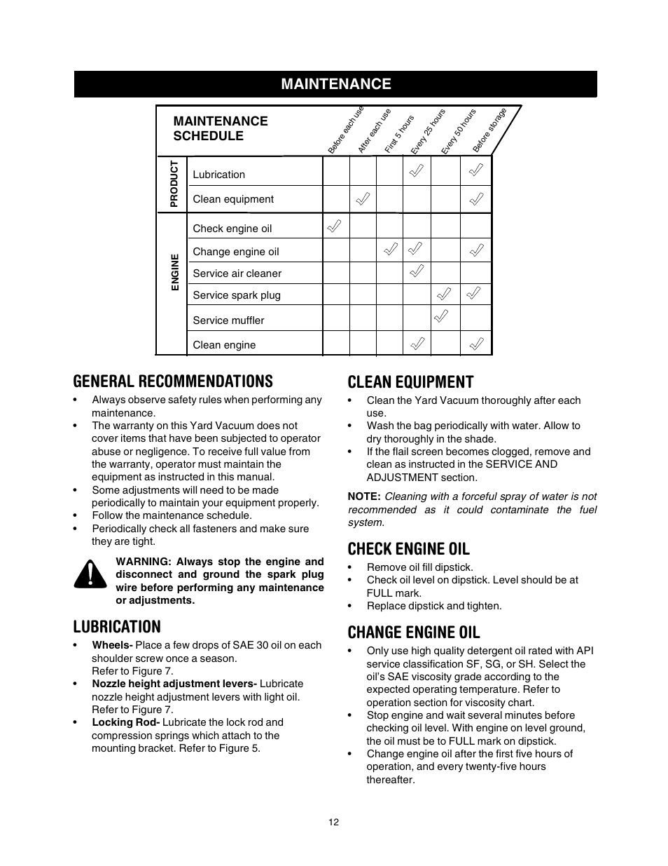 General recommendations, Lubrication, Clean equipment | Check engine oil, Change engine oil, Maintenance, Maintenance schedule | Craftsman 247.770550 User Manual | Page 12 / 54