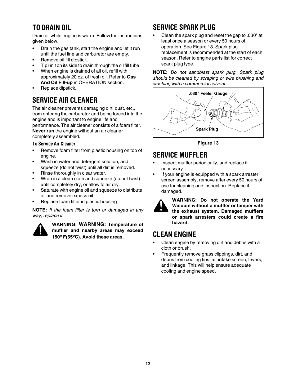 Service air cleaner, Service spark plug, Service muffler | Clean engine | Craftsman 247.770550 User Manual | Page 13 / 54