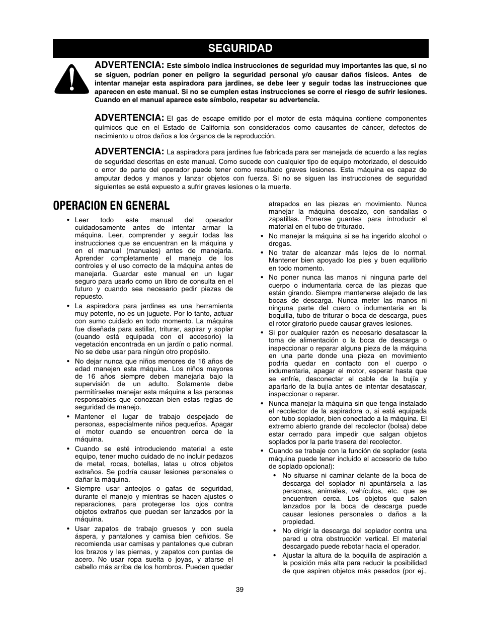 Operacion en general, Seguridad, Advertencia | Craftsman 247.770550 User Manual | Page 39 / 54