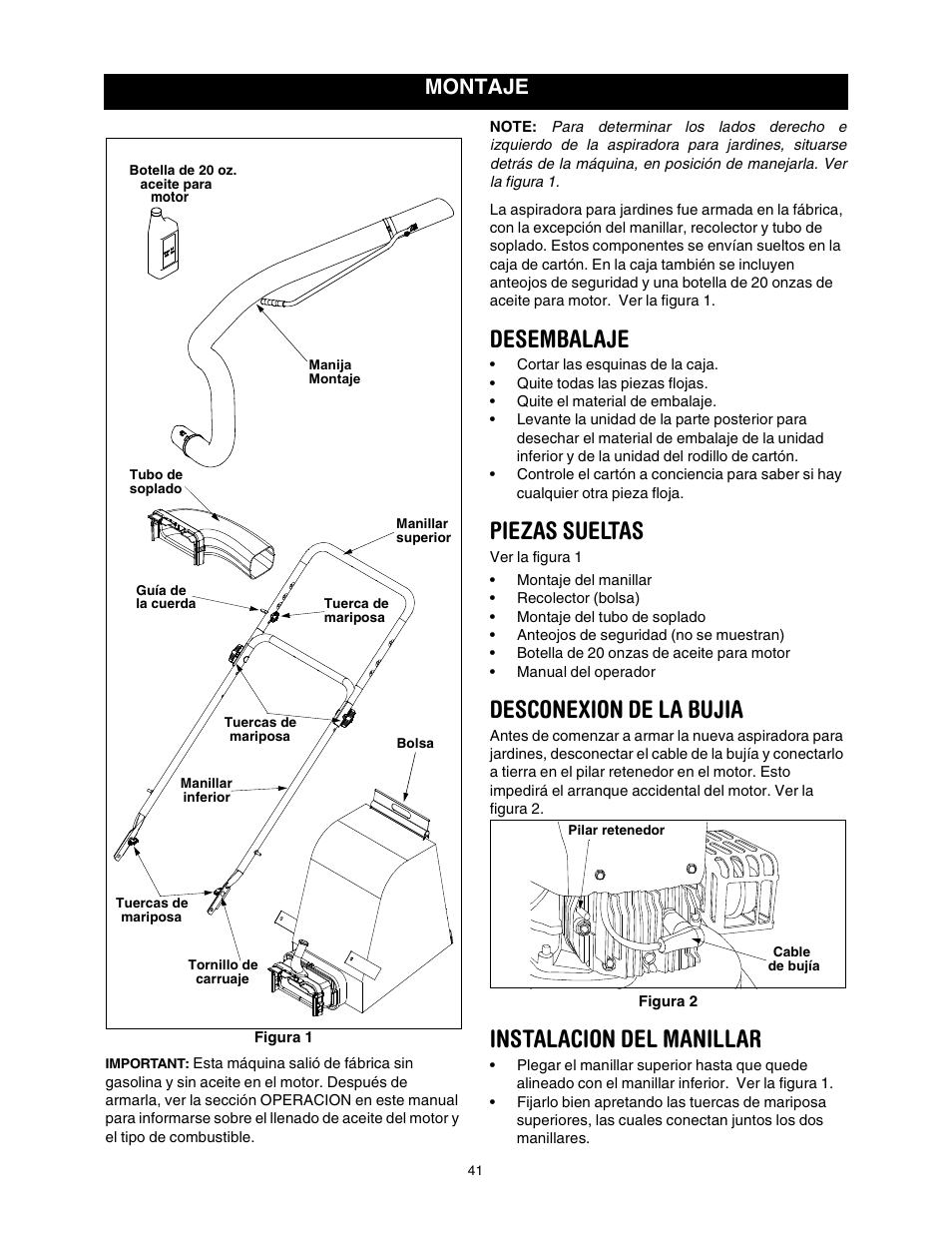 Desembalaje, Piezas sueltas, Desconexion de la bujia | Instalacion del manillar, Montaje | Craftsman 247.770550 User Manual | Page 41 / 54