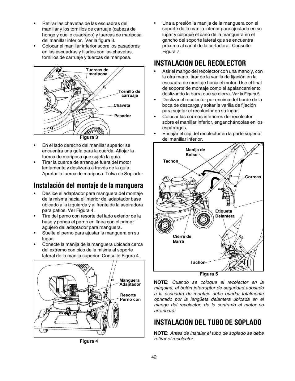 Instalación del montaje de la manguera, Instalacion del recolector, Instalacion del tubo de soplado | Craftsman 247.770550 User Manual | Page 42 / 54