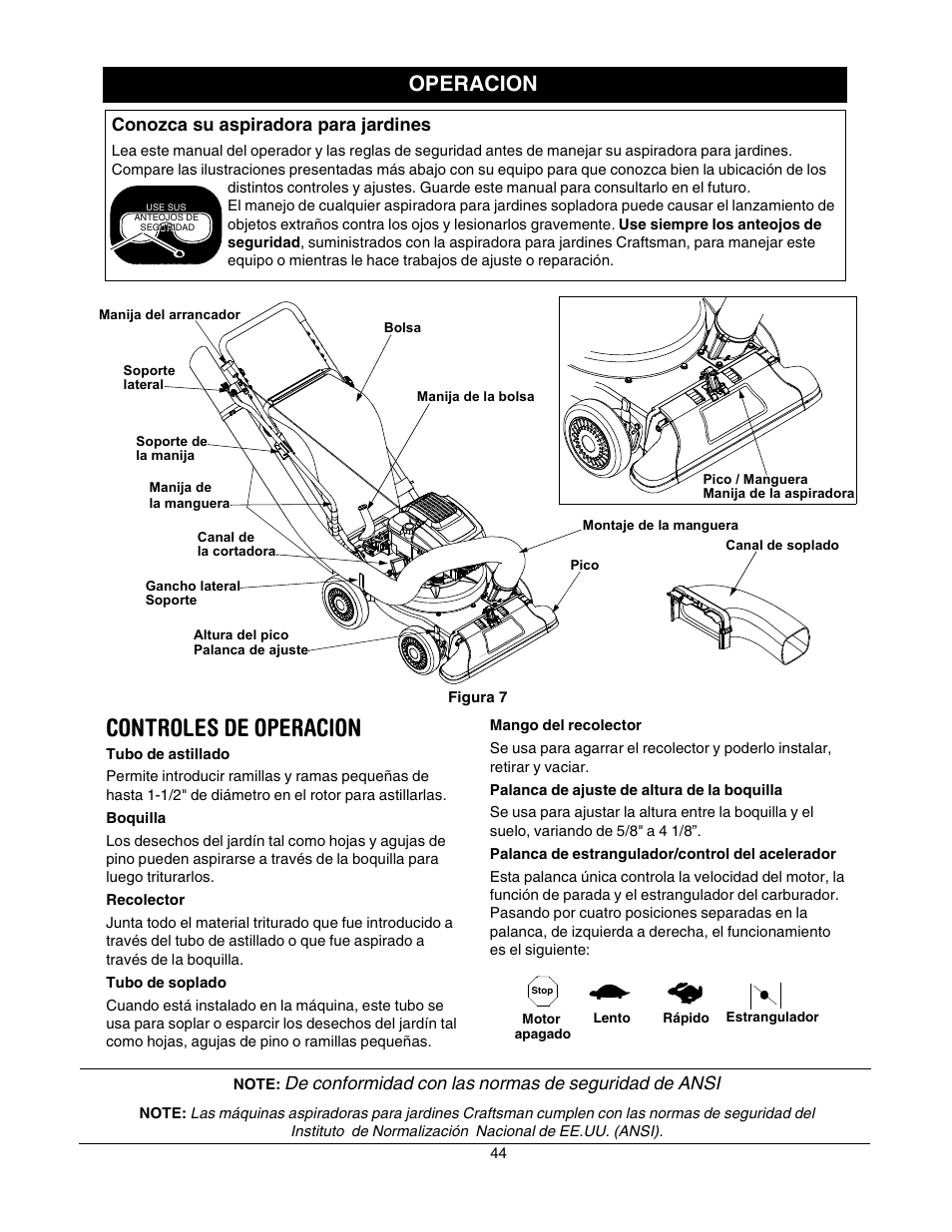 Controles de operacion, Operacion, Conozca su aspiradora para jardines | De conformidad con las normas de seguridad de ansi | Craftsman 247.770550 User Manual | Page 44 / 54