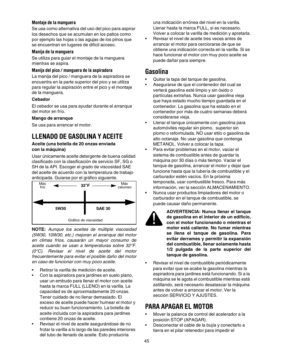 Llenado de gasolina y aceite, Gasolina, Para apagar el motor | Craftsman 247.770550 User Manual | Page 45 / 54