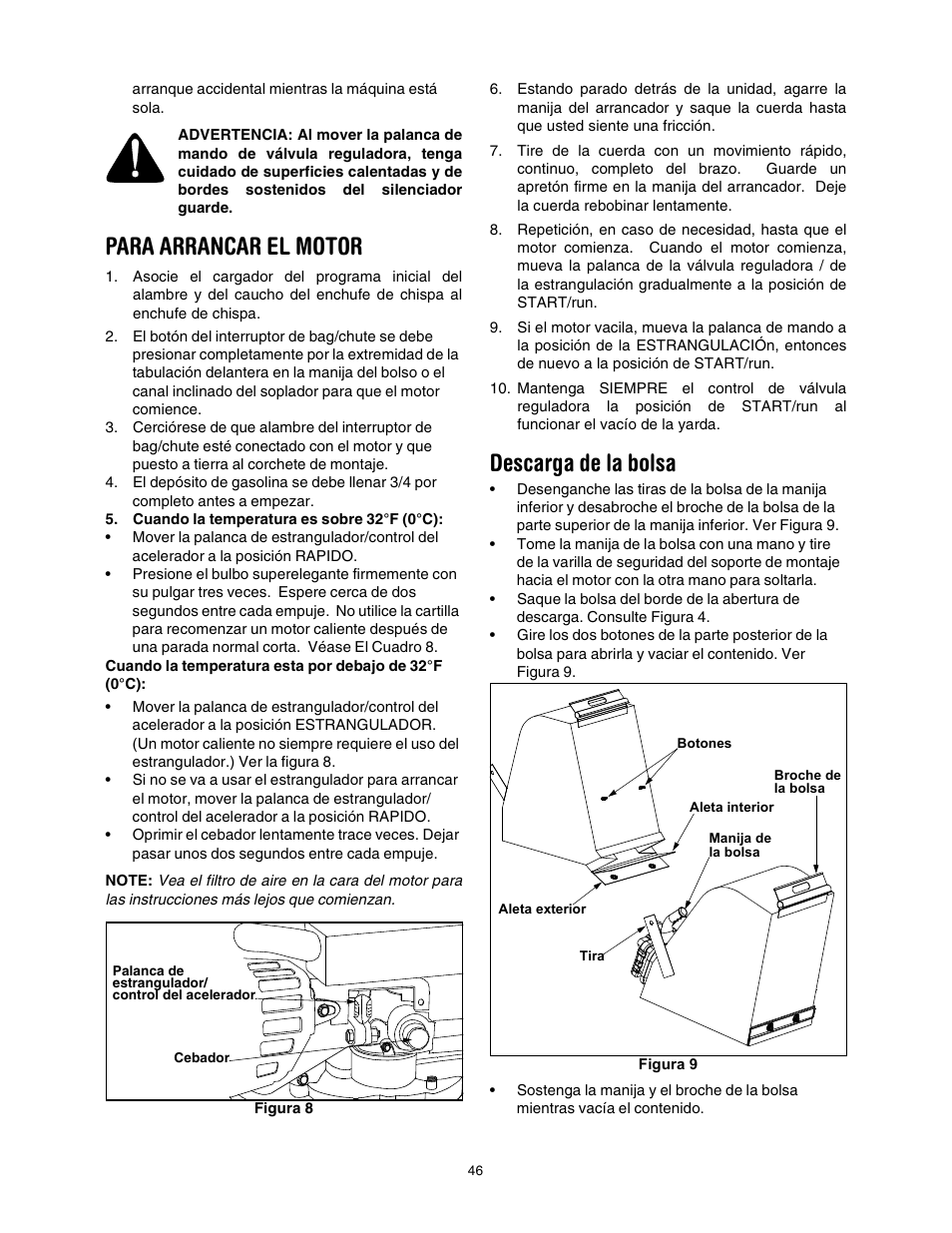 Para arrancar el motor, Descarga de la bolsa | Craftsman 247.770550 User Manual | Page 46 / 54